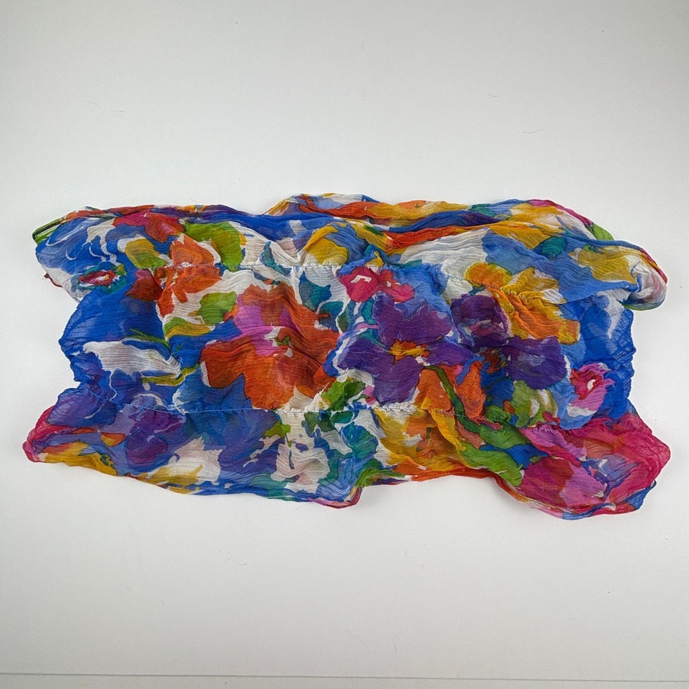 Vibrant Floral Silk Scarf Shawl Wrap Blue Pink Orange Yellow Accent Dopamine - Picture 6 of 7